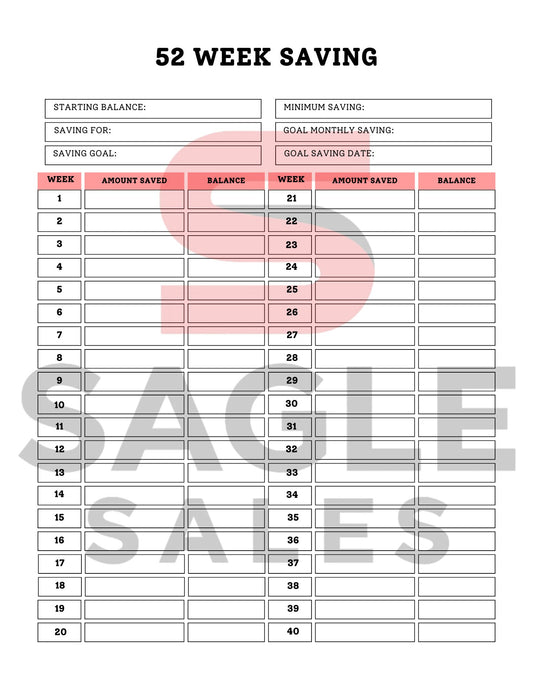 52 Week Saving Tracker – Printable Digital Savings Challenge Planner