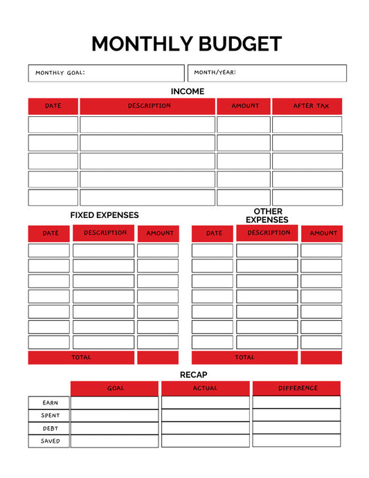 Monthly Budget Planner – 1-Page Printable PDF (Digital Download)