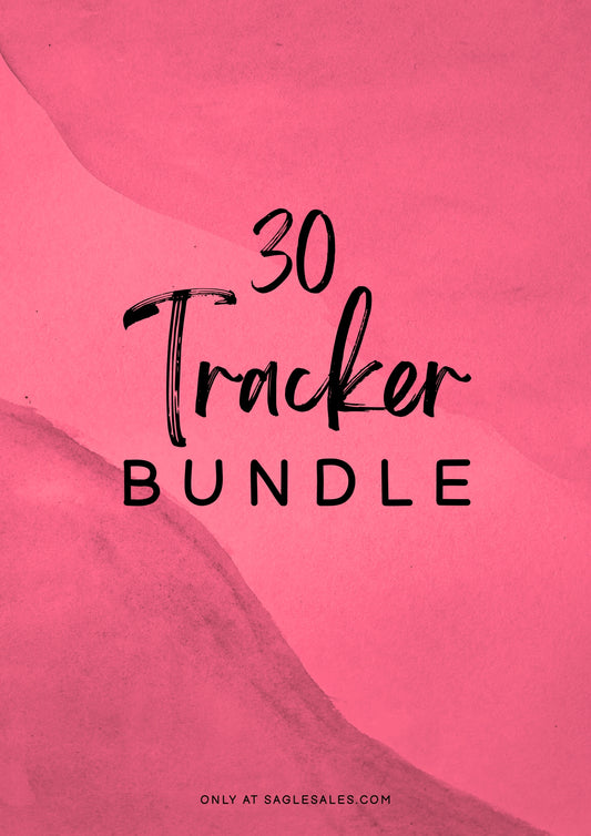 Pink background with '30 Tracker Bundle' text and website information.