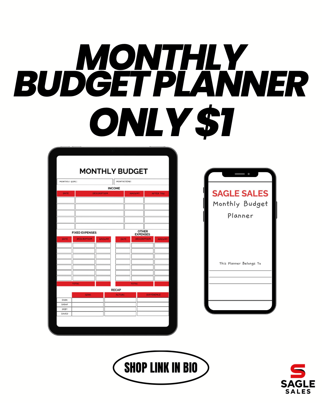 Monthly Budget Planner – 1-Page Printable PDF (Digital Download)